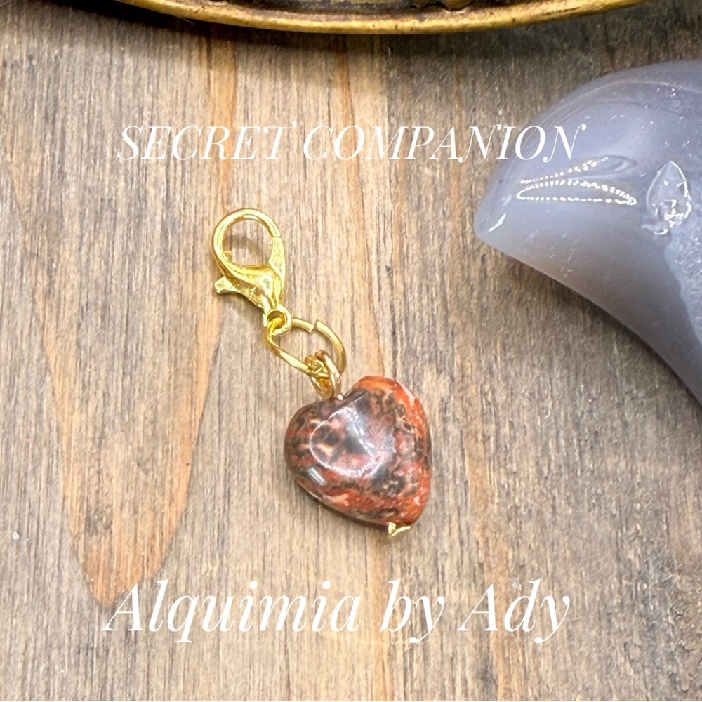 OCEAN JASPER Red Brown Heart Stone Keychain with Gold Hardware